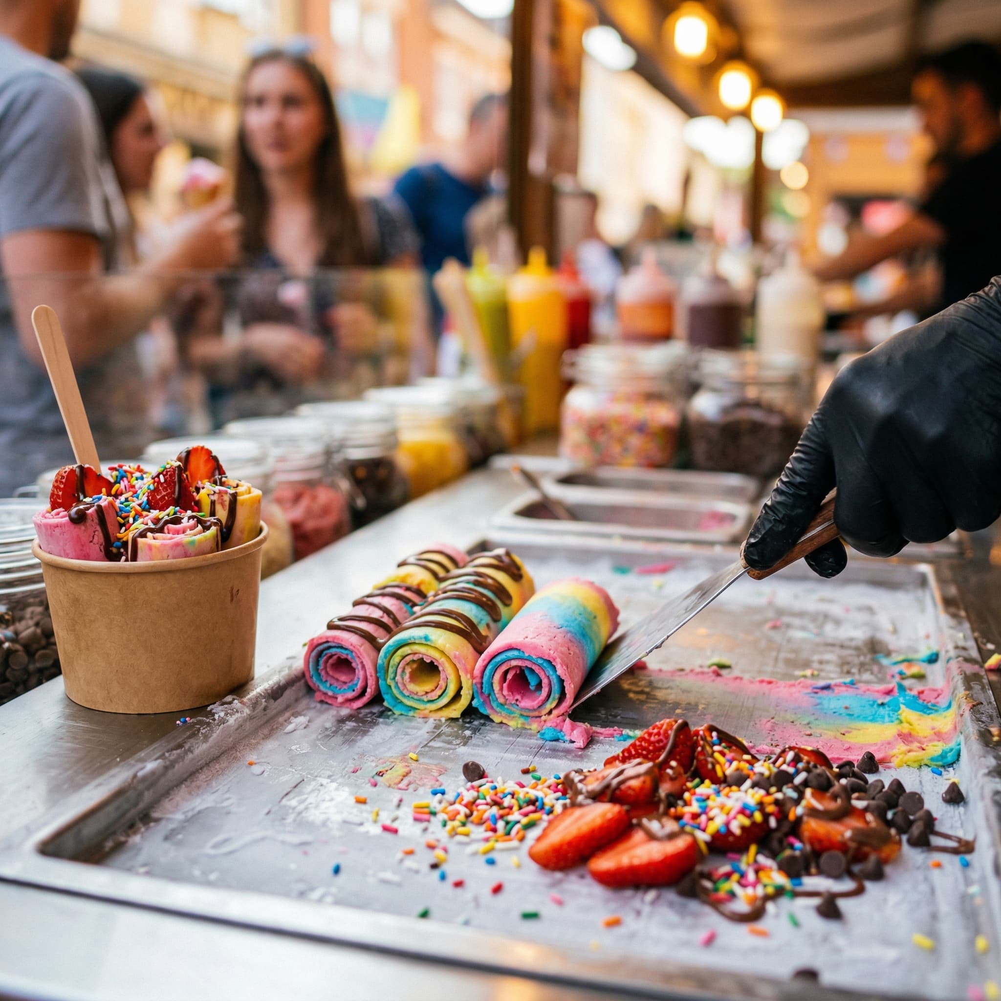 Colorful rolled ice cream being freshly prepared with toppings